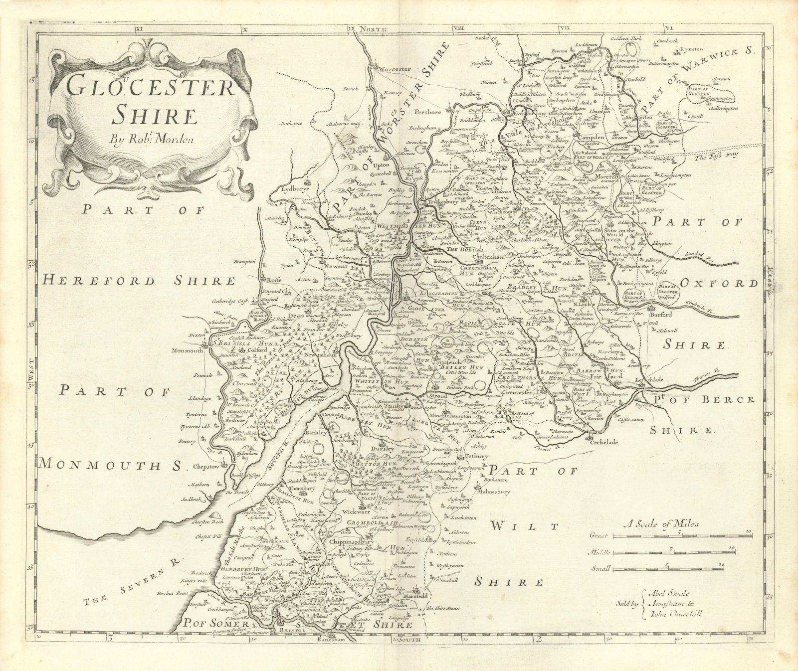 GLOUCESTERSHIRE by ROBERT MORDEN from Camden's Britannia 1722 old antique map
